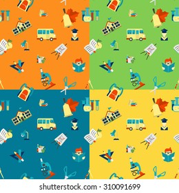 School Seamless Pattern. Four Backgrounds in Different Colors. Vector. Flat design style
