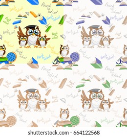 School seamless pattern with funny owls. Color vector illustration. Set.