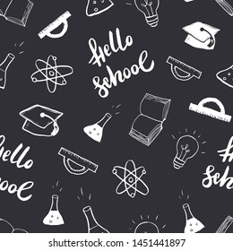 School seamless pattern Hand Drawn Doodles, Vector Illustration.