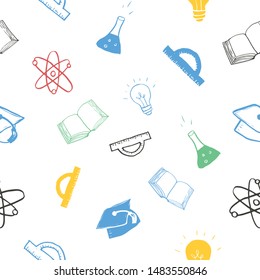 School seamless pattern Hand Drawn Doodles, Vector Illustration.