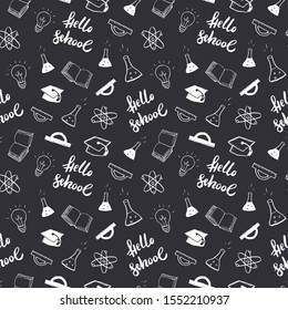 School seamless pattern Hand Drawn Doodles, Vector Illustration.