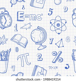 School seamless pattern in hand drawn doodle style. Welcome back to school background with supplies, items and scientific symbols. Sheet of notebook with blue pen sketches. Vector illustration