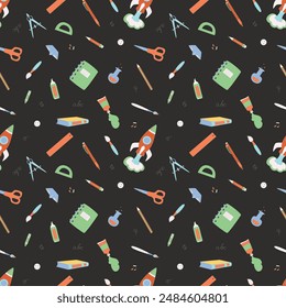School seamless pattern with hand drawn doodles, cartoon, supplies on dark background. Wrapping paper, scrapbooking, stationary, packaging, textile prints.