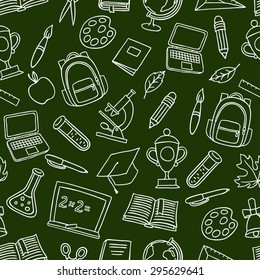 School seamless pattern with hand drawn icons on chalk board.