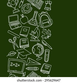 School seamless pattern with hand drawn icons on chalk board.