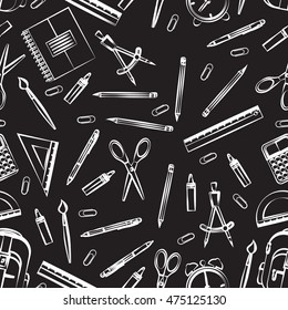 School seamless pattern. Hand drawn school supplies. Vector design layout for your covers, flyers, exercise books, posters, brochures.