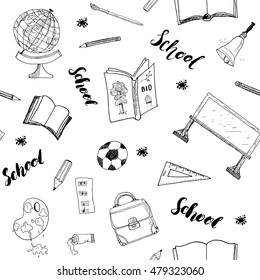 School seamless pattern Hand Drawn Doodles, Vector Illustration.