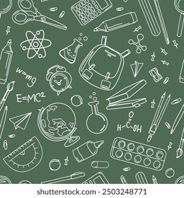 School seamless pattern line art doodle style on green chalk board. School supplies elements.Vector illustration