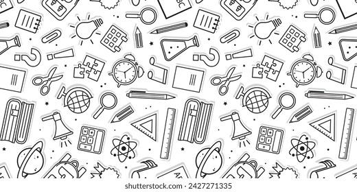 School seamless pattern, linear education background. Doodle study wallpaper line design, stationery outline texture. Business or office bg. Vector illustration