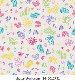 School seamless pattern with mathematic equation, colorful scribbles and spots. Perfect for wallpaper, wrapping paper, fabric, educational materials