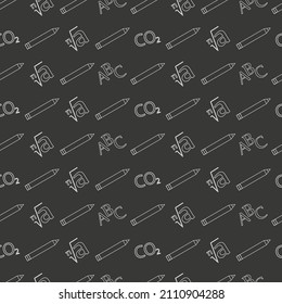 School seamless pattern with mathematical and chemical formulas, alphabet letters, pencils. School symbols are drawn in white on a black background. Vector illustration, concept of learning, knowledge