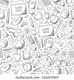 school seamless pattern with monochrome doodles, school supplies. wrapping paper, coloring page, wallpaper, scrapbooking, stationary, packaging, etc. EPS 10