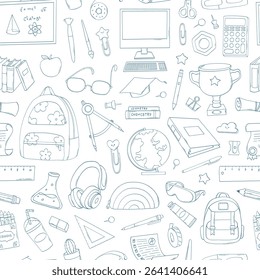 School seamless pattern with monochrome doodles for wallpapers, backgrounds, scrapbooking, wrapping paper, stationery, packaging, etc. EPS 10