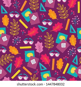 School seamless pattern with oak leaves, glasses, ruler, branch, notebook, berries. Perfect for wallpaper, wrapping paper, fabric, educational materials