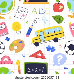 School seamless pattern with school objects. Vector illustration background