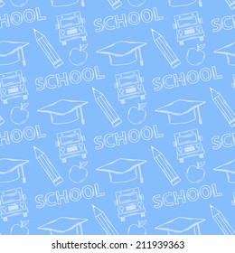 School seamless pattern on a blue background with:cap graduate, school bus, apple, pencil with text "school"