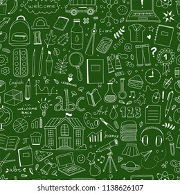 School seamless pattern on the green chalkboard. Cute school elements and icons background