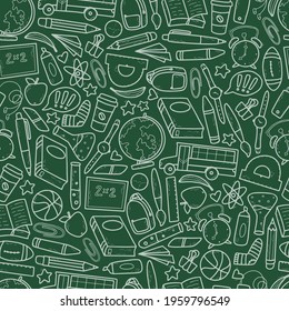 school seamless pattern on green background decorated with hand drawn doodles supplies for wrspping paper, packaging, textile prints, stationary decor, etc. EPS 10