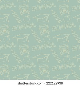 School seamless pattern on a green background with:cap graduate, school bus, apple, pencil with text "school"