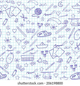 School seamless pattern  on a sheet of exercise book. Vector elements of creativity