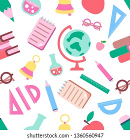 School seamless pattern on white. Education theme background in modern flat style with bright shiny elements.