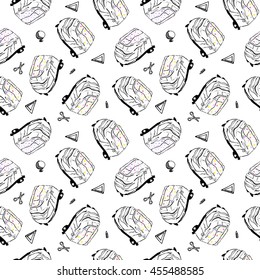 School seamless pattern on a white background black objects, outline school bags, scissors, ruler, pencil, sketches of school supplies