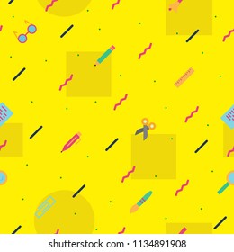 school seamless pattern on yellow background with modern colorful style education supplies such us pen, glass, ruler, pencil, brush  for poster, party, super sale offer. vector 10 eps