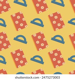 School seamless pattern. Red notebook and blue ruler on a yellow background. Vector illustration for packaging, background, website, cover, card