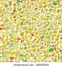 School seamless pattern (repeated) with mini doodle drawings (icons). Illustration is in eps8 vector mode.