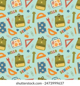 School seamless pattern. School stationery on a light blue background. Cute hello school vector illustration for background, packaging, card, cover