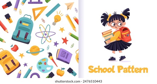 School seamless pattern with  supplies, doodles, stationary, backpack, planet. Background for wrapping paper, notebook cover, scrapbooking, stationary, wallpaper, kids textile. Vector illustration