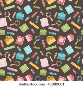 School seamless pattern. School supplies. Education symbols. Books, rules, pencils, bags, magnifiers vector illustration.