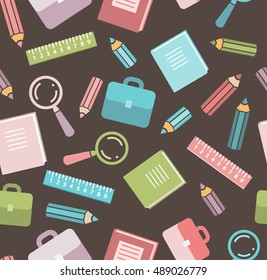 School seamless pattern. School supplies. Education symbols. Books, rules, pencils, bags, magnifiers vector texture.
