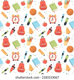 School seamless pattern. Supplies and equipment for learning. Cute vector illustration in flat cartoon style