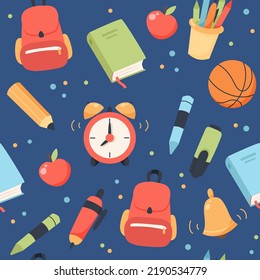 School seamless pattern. Supplies and equipment for learning. Cute vector illustration in flat cartoon style