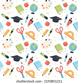 School seamless pattern. Supplies and equipment for learning. Cute vector illustration in flat cartoon style