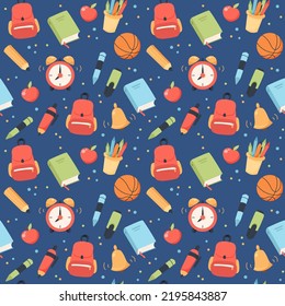 School seamless pattern. Supplies and equipment for learning. Cute vector illustration in flat cartoon style