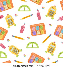 School seamless pattern. Supplies for studying. Cute vector illustration in flat cartoon style