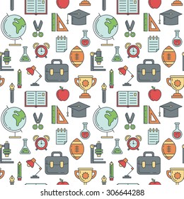 School seamless pattern with thin lined education elements  - globe, book, pen, notebook, alarm, chemistry, microscope