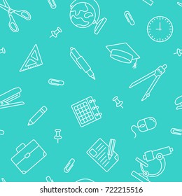 School seamless pattern. Tiling textures with thin line icon set
