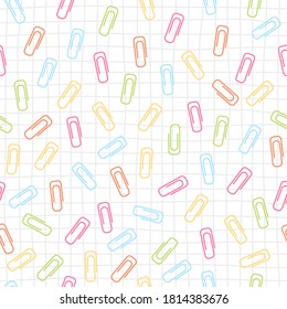 School seamless pattern with various colorful clip on checkered background.  Vector illustration on white background. Print for fabric, web page background, scrapbooking and wrapping paper.