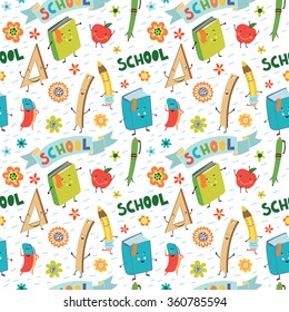 School seamless pattern. Vector background with books, pencils, pens, rulers and erasers.