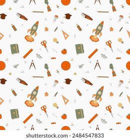 School seamless pattern, vector color illustration in doodle style on a light background. Wrapping paper, scrapbooking, stationary, packaging, textile prints.