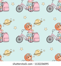 School Seamless Pattern Vector Illustration GIRL AND PLANET Paper for Birthday and Wedding Party, Wall Decorations, Scrapbooking, Baby Book, Photo Albums and Card Print