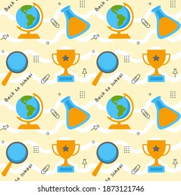 School Seamless Pattern with World Globe, Flask, Magnifying Glass, and Trophy. You can use this design to create poster, tshirt, pillow, tote bag, pouch, phone case, etc.