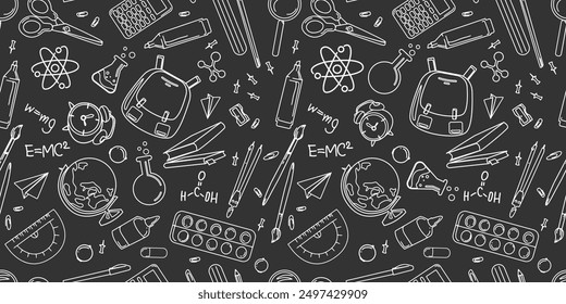 School seamless pattern.Education,concept background.School supplies seamless pattern drawn,imitation of a blackboard.Children's educational concept design wallpaper,paper,textile,packaging,web.Vector