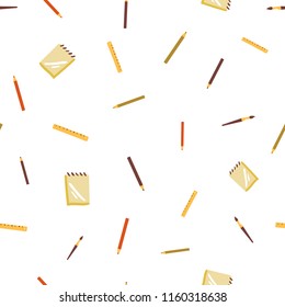 School seamless vector pattern with hand-drawn school accessories on white background. Sketchy cute icon of pencils, brush and ruler. Backdrop ornament for textile or paper print or web backgrounds.
