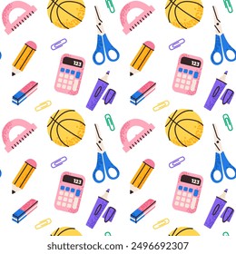 School seamless vector pattern, with school supplies, back to school, on white background