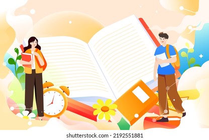 School season, new term students go to school with stationery and alarm clock in the background, vector illustration