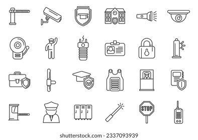 School security guard icons set outline vector. CCtv agent. Monitor safety